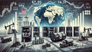 Illustration des dynamiques du marché pétrolier avec des barils marqués $77.95 Brent et $74.31 WTI, des graphiques financiers, et des éléments symbolisant la production et les stocks.
