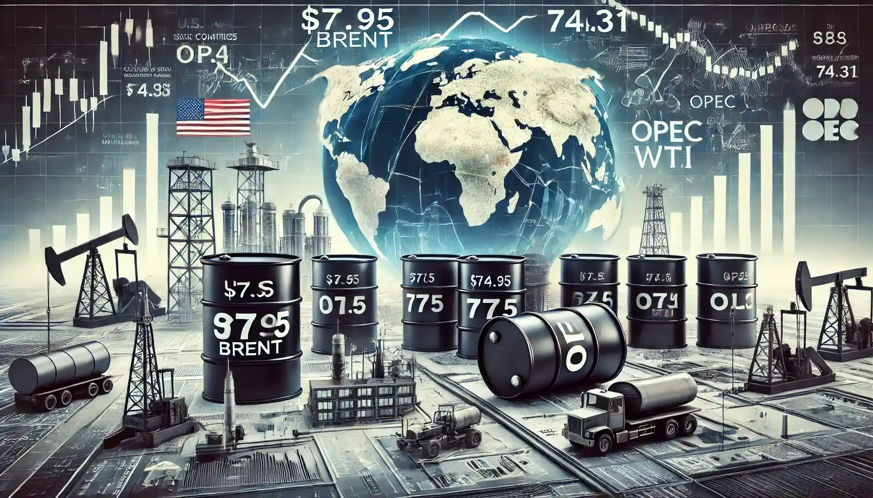Illustration des dynamiques du marché pétrolier avec des barils marqués $77.95 Brent et $74.31 WTI, des graphiques financiers, et des éléments symbolisant la production et les stocks.