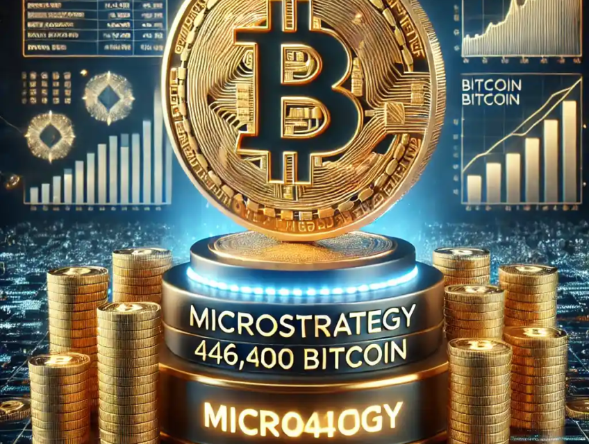 Illustration réaliste représentant la domination de MicroStrategy dans les avoirs en Bitcoin, avec un grand symbole Bitcoin sur un podium futuriste, entouré de piles de pièces numériques et des motifs de blockchain en arrière-plan.