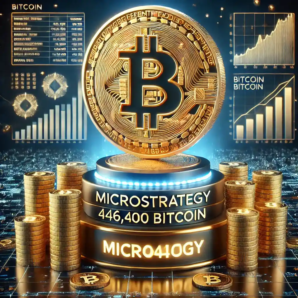 Illustration réaliste représentant la domination de MicroStrategy dans les avoirs en Bitcoin, avec un grand symbole Bitcoin sur un podium futuriste, entouré de piles de pièces numériques et des motifs de blockchain en arrière-plan.