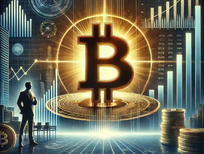 Illustration représentant l'acquisition stratégique de bitcoins par MicroStrategy, avec un symbole Bitcoin illuminé, des graphiques financiers et un arrière-plan moderne.