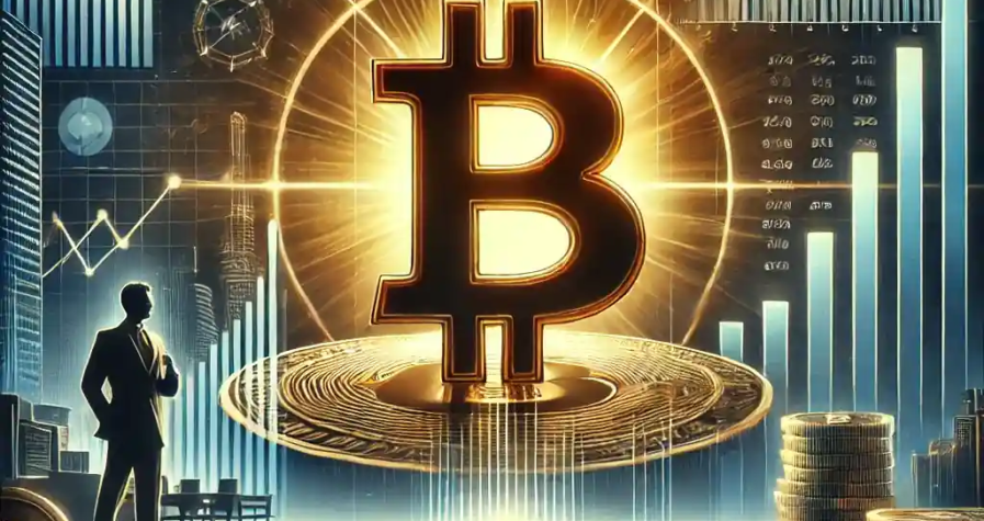 Illustration représentant l'acquisition stratégique de bitcoins par MicroStrategy, avec un symbole Bitcoin illuminé, des graphiques financiers et un arrière-plan moderne.