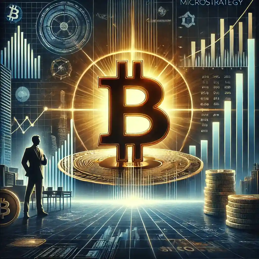 Illustration représentant l'acquisition stratégique de bitcoins par MicroStrategy, avec un symbole Bitcoin illuminé, des graphiques financiers et un arrière-plan moderne.