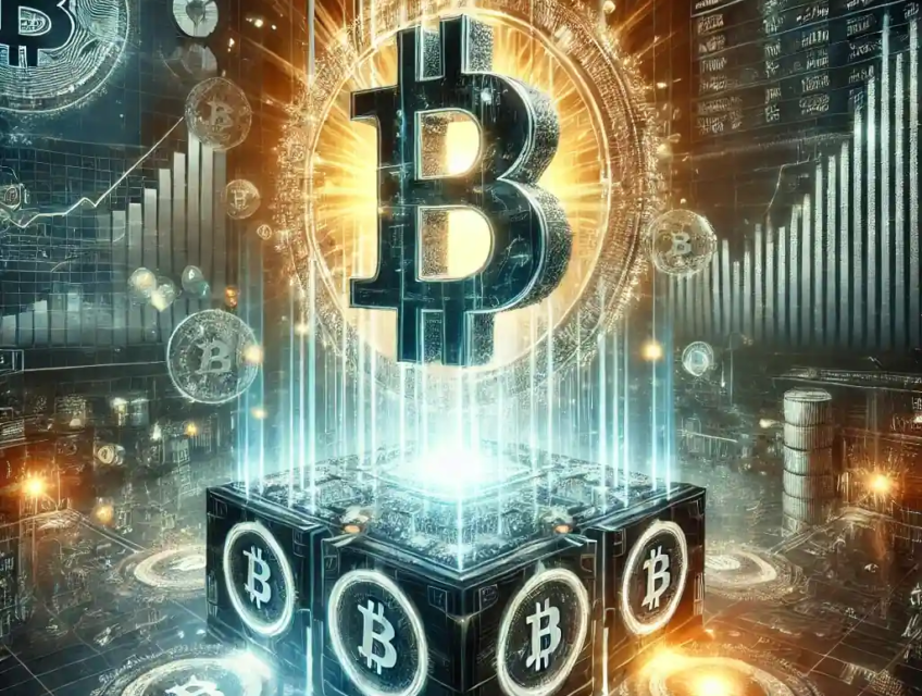 A futuristic illustration showcasing MicroStrategy's Bitcoin acquisition strategy, featuring a glowing Bitcoin symbol emerging from a digital financial structure with dynamic data flows and charts in the background.