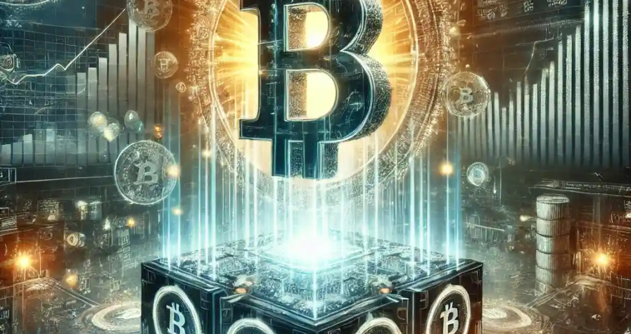 A futuristic illustration showcasing MicroStrategy's Bitcoin acquisition strategy, featuring a glowing Bitcoin symbol emerging from a digital financial structure with dynamic data flows and charts in the background.