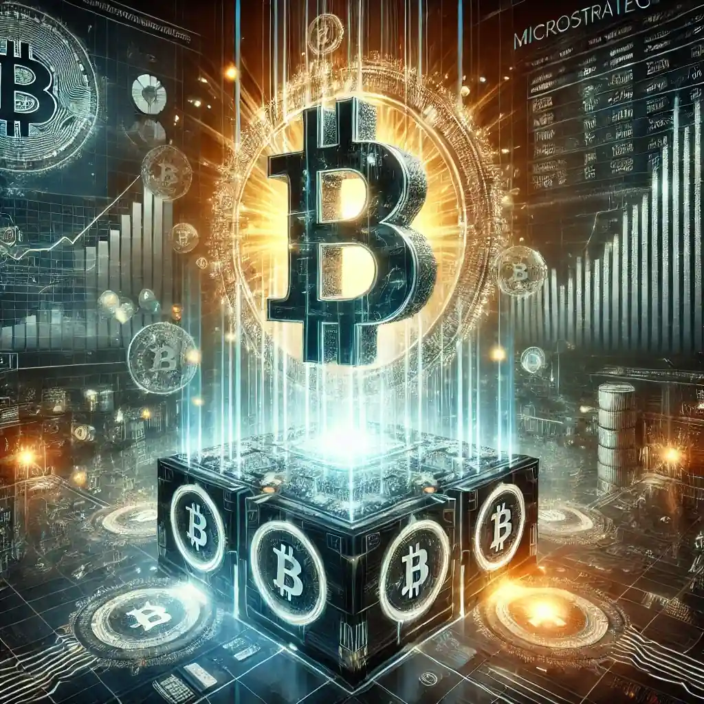 A futuristic illustration showcasing MicroStrategy's Bitcoin acquisition strategy, featuring a glowing Bitcoin symbol emerging from a digital financial structure with dynamic data flows and charts in the background.