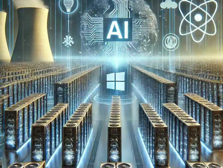 Illustration futuriste montrant les investissements massifs de Microsoft en 2025, avec des centres de données modernes, des symboles d'intelligence artificielle et une représentation de l'énergie nucléaire pour une durabilité accrue.
