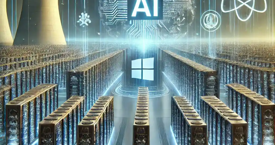 Illustration futuriste montrant les investissements massifs de Microsoft en 2025, avec des centres de données modernes, des symboles d'intelligence artificielle et une représentation de l'énergie nucléaire pour une durabilité accrue.