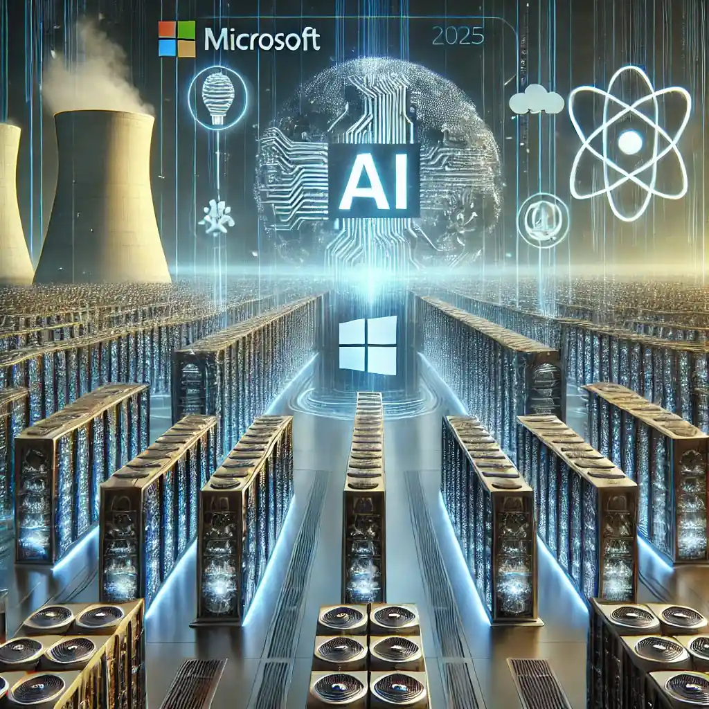 Illustration futuriste montrant les investissements massifs de Microsoft en 2025, avec des centres de données modernes, des symboles d'intelligence artificielle et une représentation de l'énergie nucléaire pour une durabilité accrue.