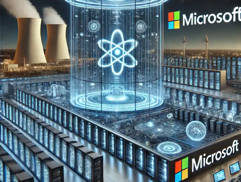 A futuristic depiction of a Microsoft data center showcasing advanced AI-driven infrastructure with glowing data flows and a nuclear power plant in the distance.