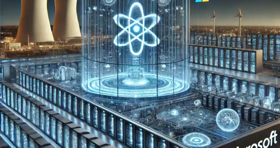 A futuristic depiction of a Microsoft data center showcasing advanced AI-driven infrastructure with glowing data flows and a nuclear power plant in the distance.