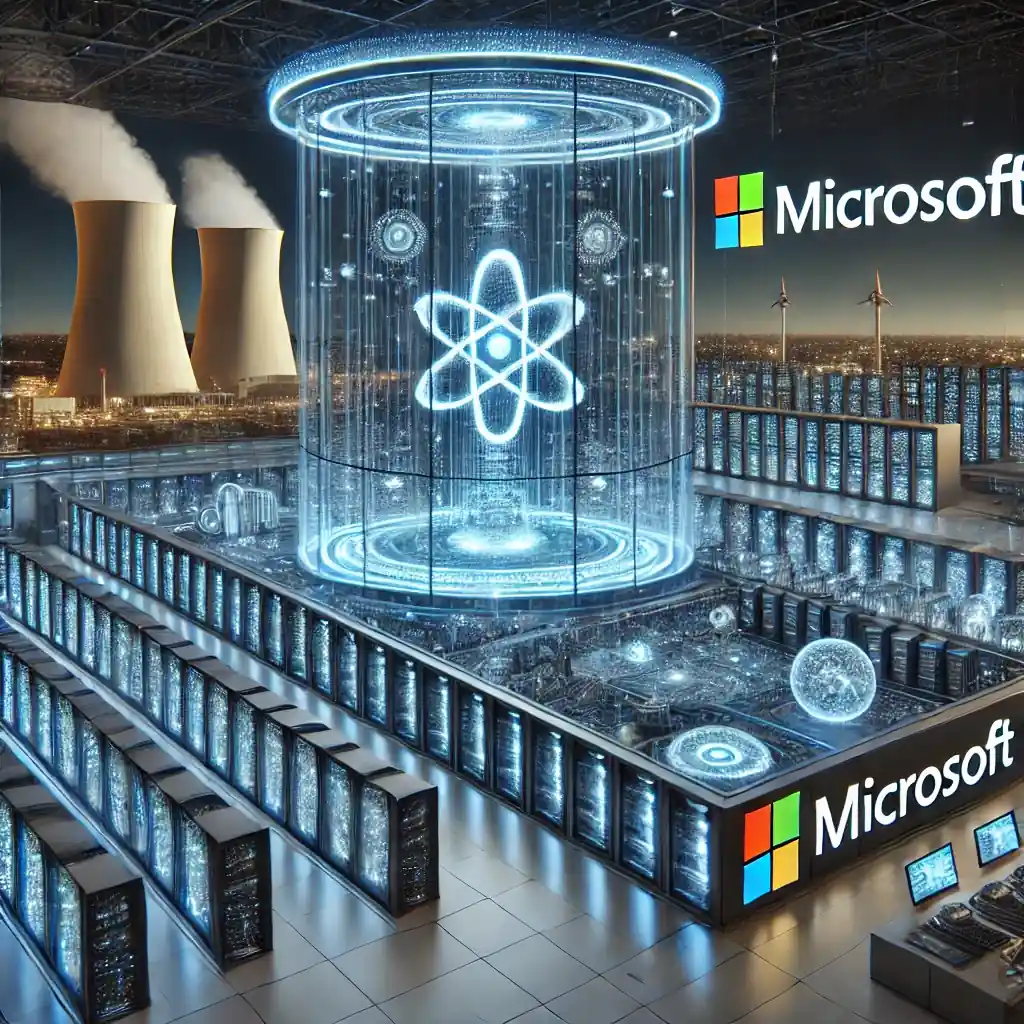 A futuristic depiction of a Microsoft data center showcasing advanced AI-driven infrastructure with glowing data flows and a nuclear power plant in the distance.