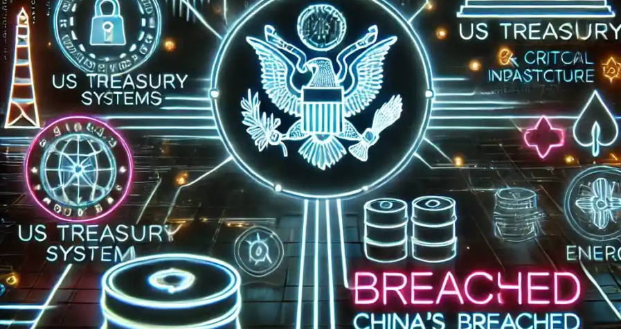 Futuristic neon-styled representation of cybersecurity threats targeting the US Treasury and critical sectors, highlighting China's alleged hacking activities.