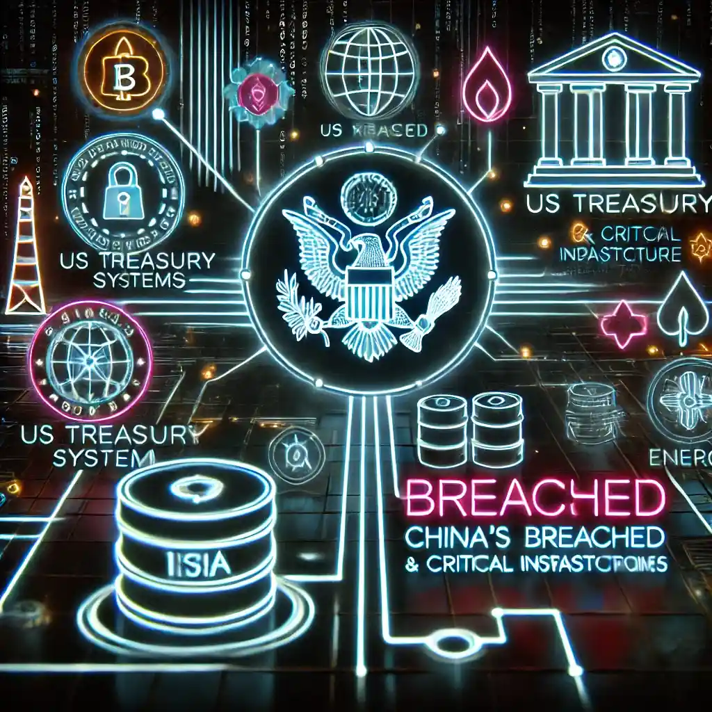 Futuristic neon-styled representation of cybersecurity threats targeting the US Treasury and critical sectors, highlighting China's alleged hacking activities.