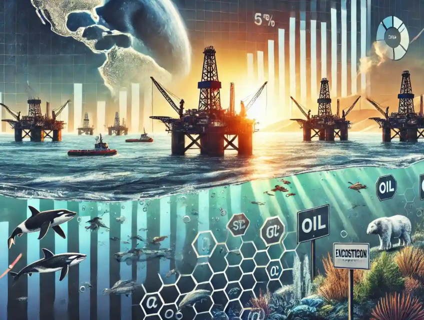 Illustration des plateformes pétrolières offshore symbolisant l'expansion de l'industrie pétrolière américaine, avec des graphiques économiques et des éléments environnementaux.