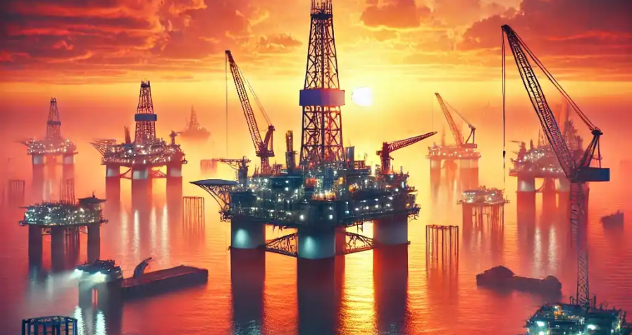A dramatic digital illustration showing offshore oil rigs in US coastal waters at sunrise, symbolizing renewed energy exploration under President Trump's administration.
