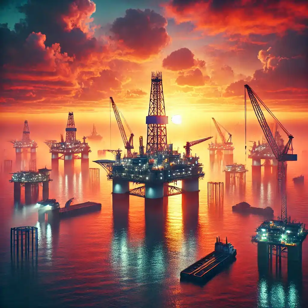 A dramatic digital illustration showing offshore oil rigs in US coastal waters at sunrise, symbolizing renewed energy exploration under President Trump's administration.
