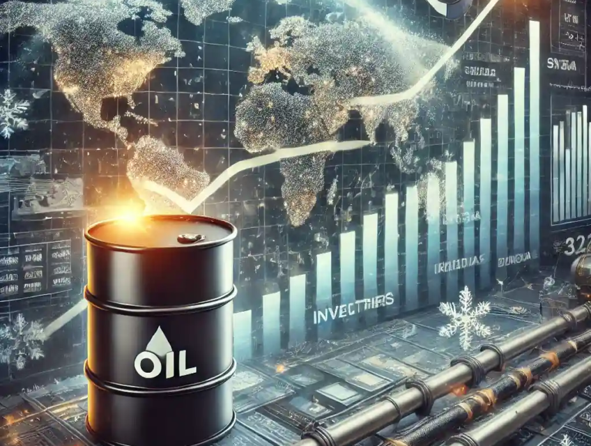 A detailed digital illustration of the global oil market, showing an oil barrel with rising prices, global trade routes, and cold weather effects symbolizing surging oil prices.