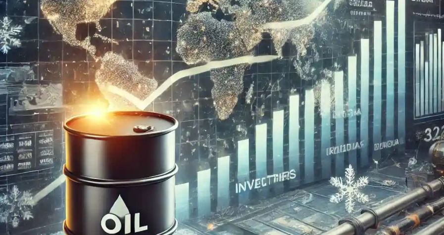 A detailed digital illustration of the global oil market, showing an oil barrel with rising prices, global trade routes, and cold weather effects symbolizing surging oil prices.