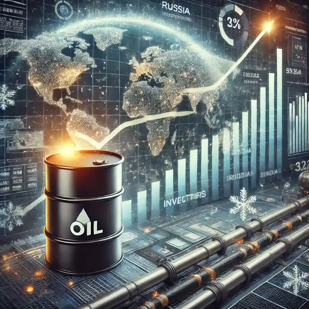 A detailed digital illustration of the global oil market, showing an oil barrel with rising prices, global trade routes, and cold weather effects symbolizing surging oil prices.