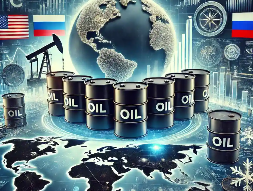 Oil barrels in a global market setting with symbols of tariffs, sanctions, and energy policy uncertainty.
