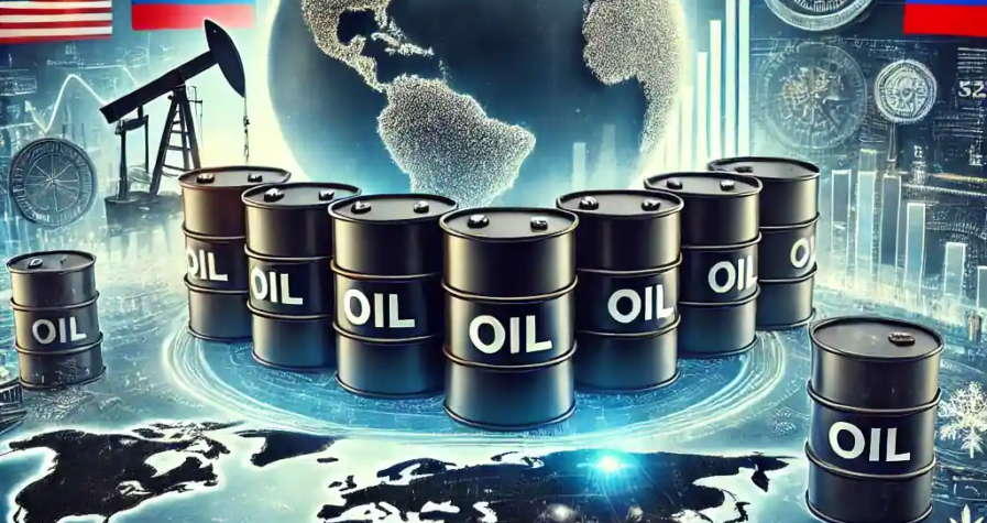Oil barrels in a global market setting with symbols of tariffs, sanctions, and energy policy uncertainty.