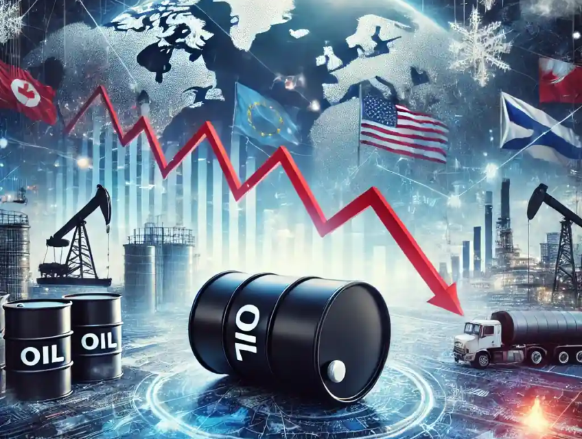 A graphic representation of oil price volatility, featuring an oil barrel, a declining financial graph, an oil refinery, and geopolitical symbols.