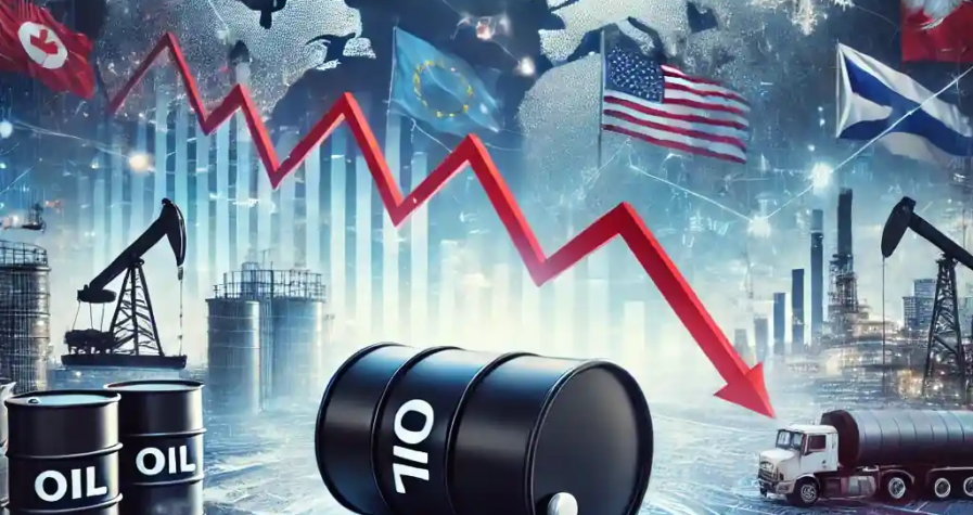 A graphic representation of oil price volatility, featuring an oil barrel, a declining financial graph, an oil refinery, and geopolitical symbols.