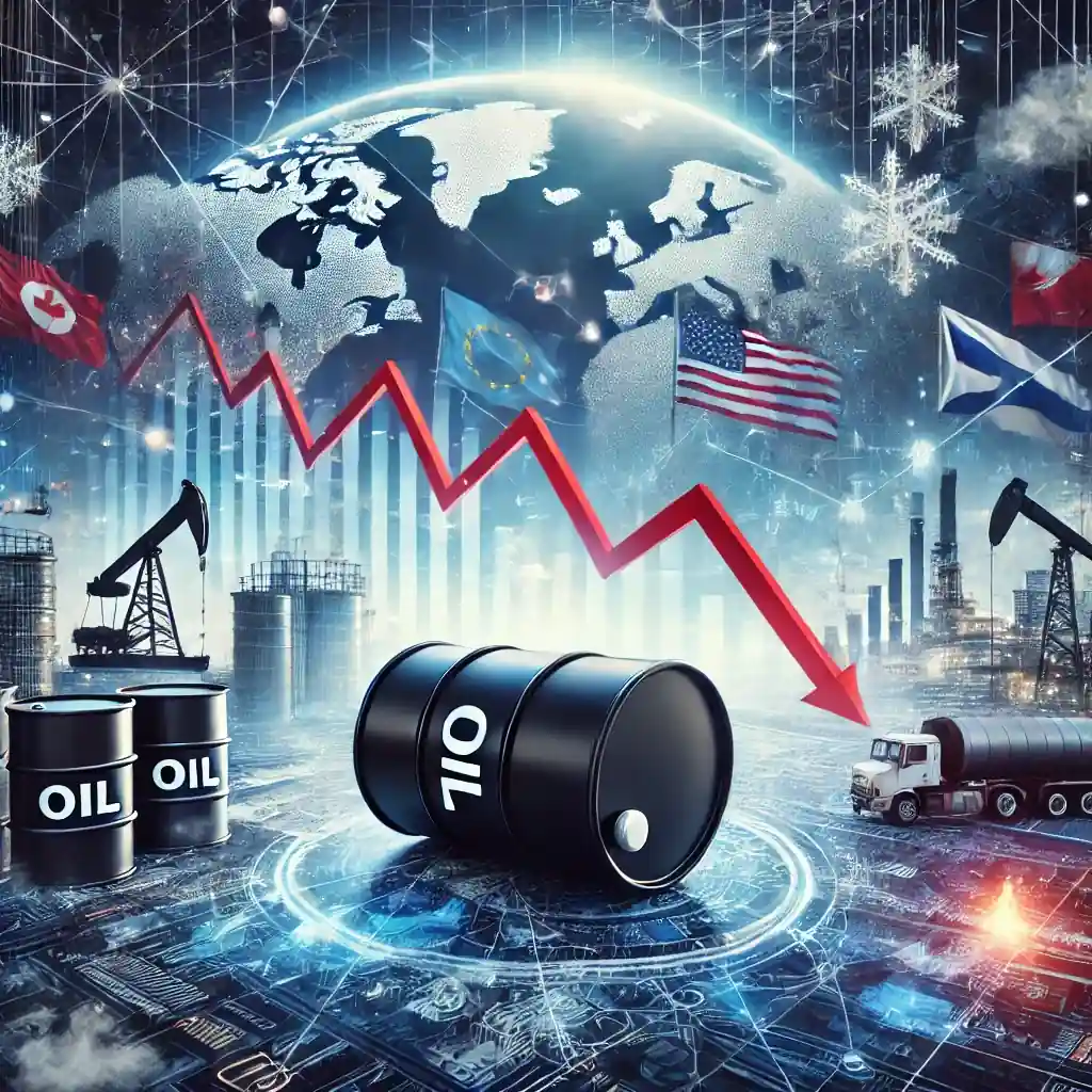 A graphic representation of oil price volatility, featuring an oil barrel, a declining financial graph, an oil refinery, and geopolitical symbols.