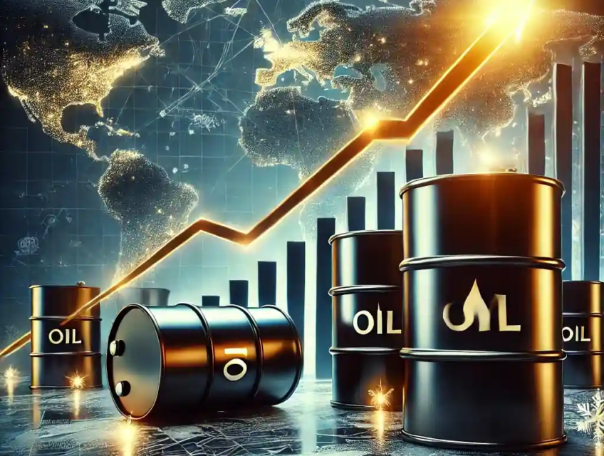 A digital illustration of oil barrels and a rising graph, symbolizing the impact of sanctions, seasonal demand, and global supply risks on oil prices.