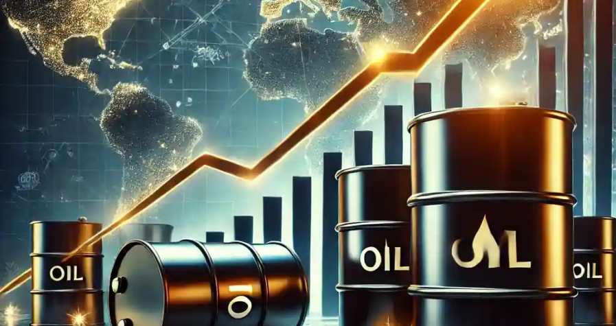 A digital illustration of oil barrels and a rising graph, symbolizing the impact of sanctions, seasonal demand, and global supply risks on oil prices.