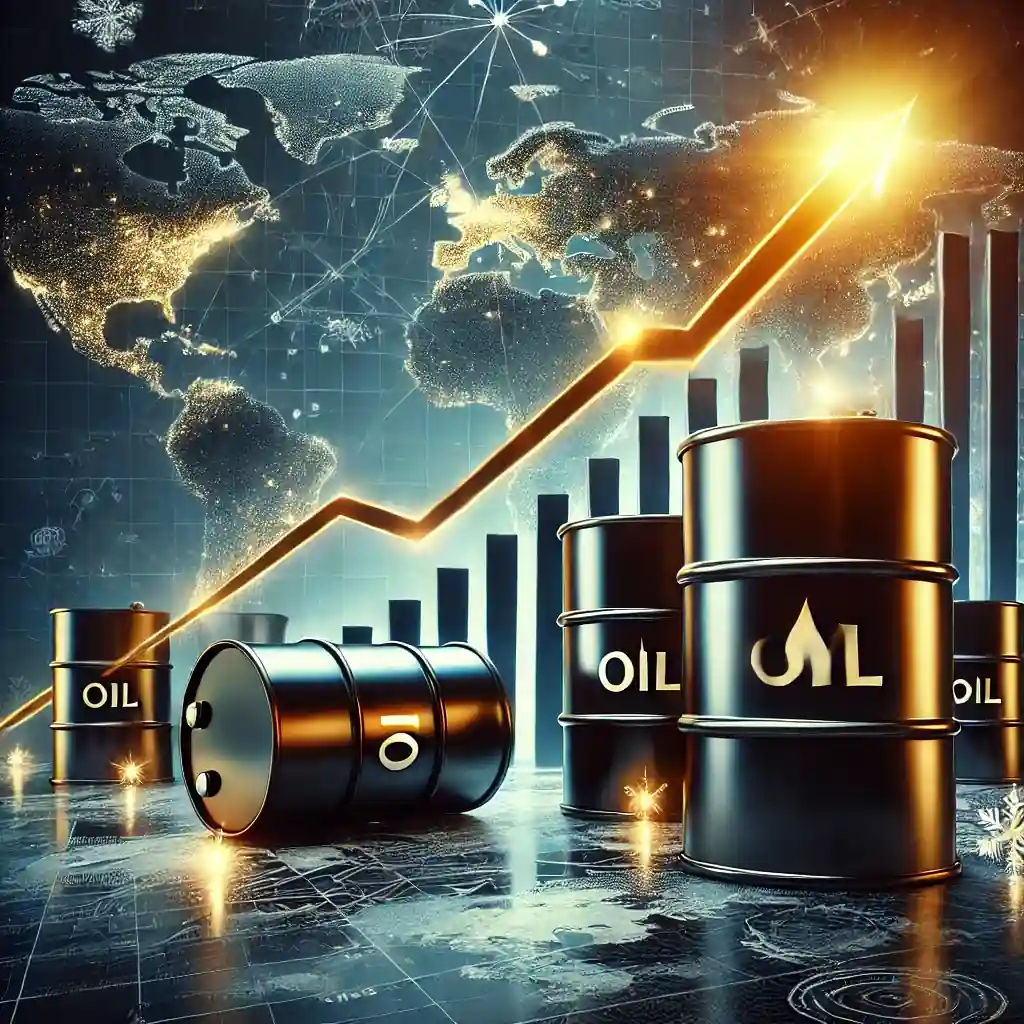 A digital illustration of oil barrels and a rising graph, symbolizing the impact of sanctions, seasonal demand, and global supply risks on oil prices.