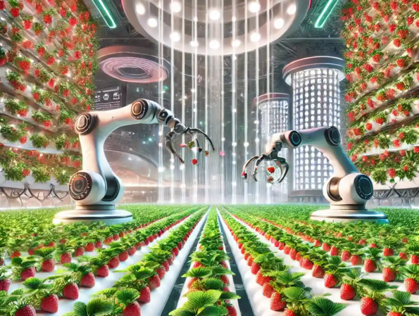 Illustration réaliste d'une ferme verticale moderne de fraises, mettant en avant la technologie LED avancée et des bras robotiques automatisés.