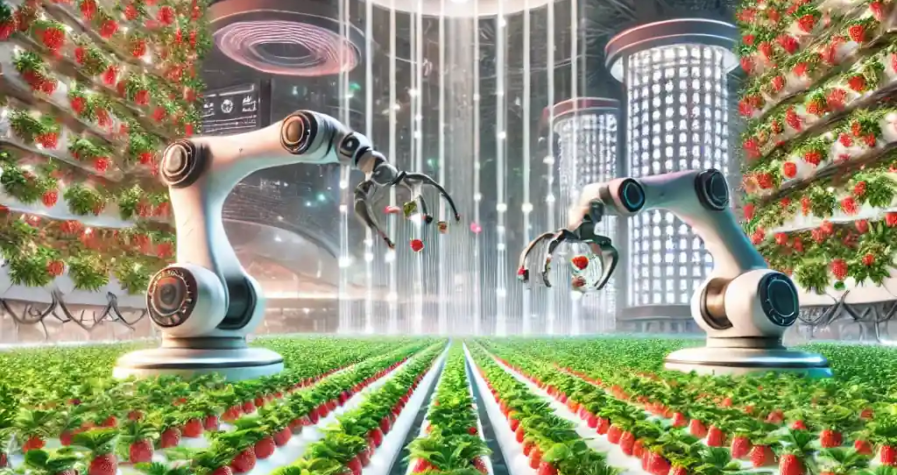 Illustration réaliste d'une ferme verticale moderne de fraises, mettant en avant la technologie LED avancée et des bras robotiques automatisés.