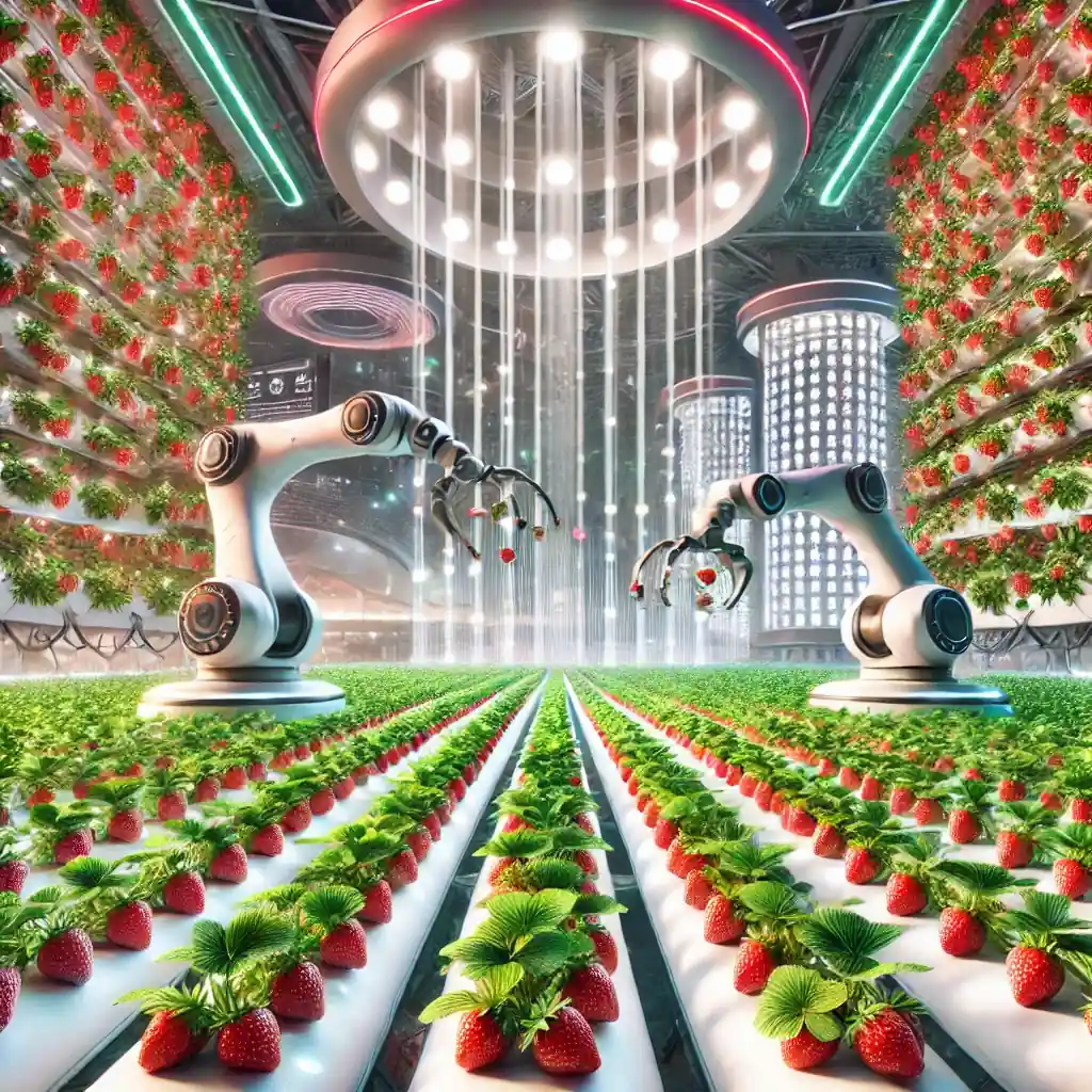 Illustration réaliste d'une ferme verticale moderne de fraises, mettant en avant la technologie LED avancée et des bras robotiques automatisés.