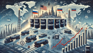 Illustration du marché pétrolier global avec des barils de pétrole marqués $80 Brent et $77 WTI, des cartes géopolitiques, et des graphiques montrant la volatilité des prix.