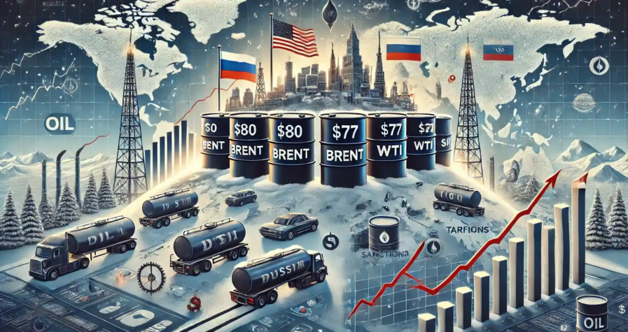 Illustration du marché pétrolier global avec des barils de pétrole marqués $80 Brent et $77 WTI, des cartes géopolitiques, et des graphiques montrant la volatilité des prix.