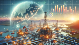Illustration mettant en avant les ambitions de Chevron pour augmenter la production pétrolière au champ de Tengiz, avec des infrastructures industrielles et des pipelines.
