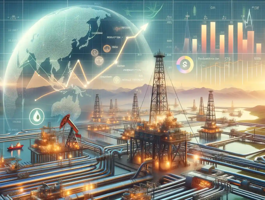 Illustration mettant en avant les ambitions de Chevron pour augmenter la production pétrolière au champ de Tengiz, avec des infrastructures industrielles et des pipelines.