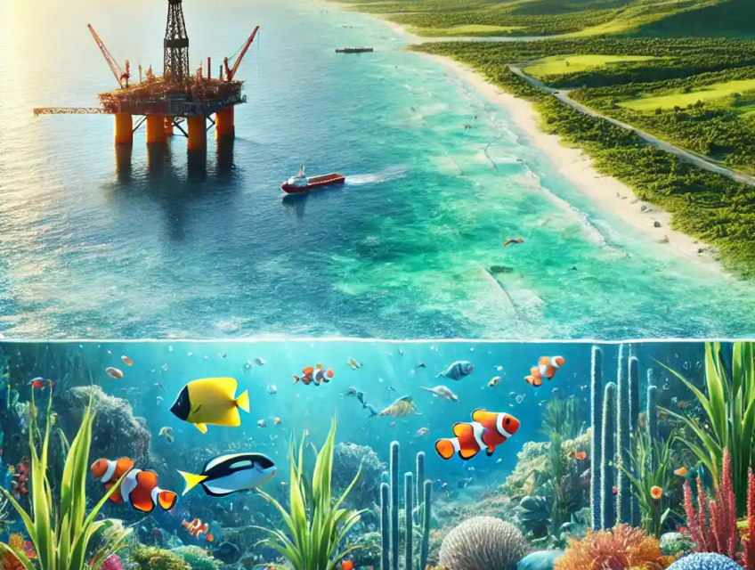 Illustration réaliste d’une côte américaine avec une vue sereine de l’océan et une vie marine vibrante au premier plan, symbolisant la préservation des écosystèmes marins. En arrière-plan, une plateforme pétrolière visible à distance montre la distinction entre zones protégées et zones industrielles.