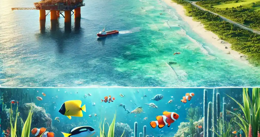 Illustration réaliste d’une côte américaine avec une vue sereine de l’océan et une vie marine vibrante au premier plan, symbolisant la préservation des écosystèmes marins. En arrière-plan, une plateforme pétrolière visible à distance montre la distinction entre zones protégées et zones industrielles.