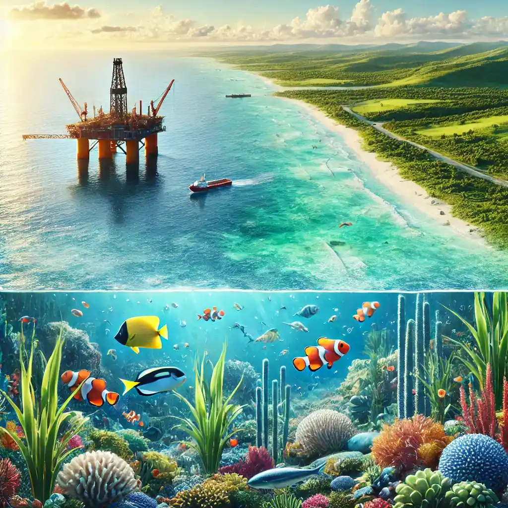 Illustration réaliste d’une côte américaine avec une vue sereine de l’océan et une vie marine vibrante au premier plan, symbolisant la préservation des écosystèmes marins. En arrière-plan, une plateforme pétrolière visible à distance montre la distinction entre zones protégées et zones industrielles.