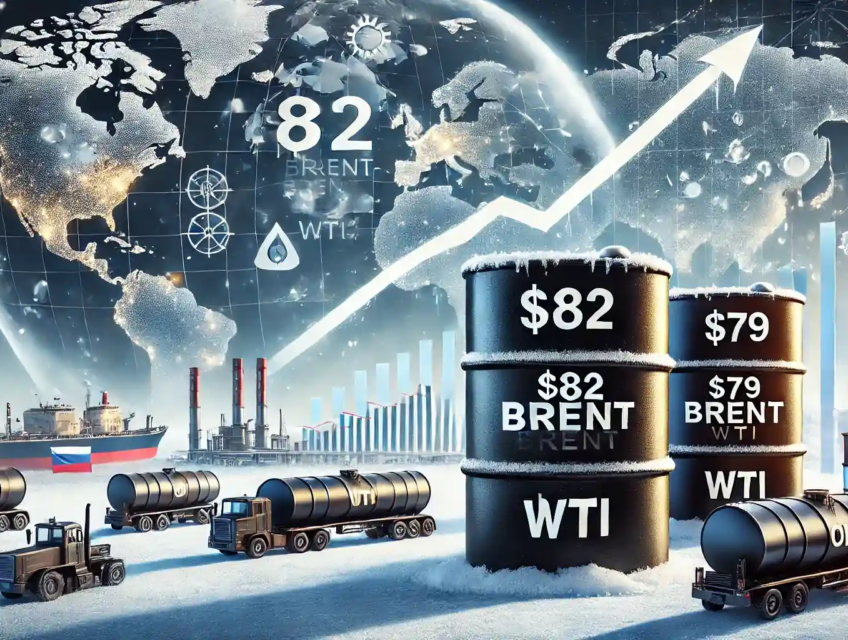 Illustration des gains du pétrole Brent et WTI, avec des barils marqués $82 et $79, des graphiques en hausse et des icônes de tensions géopolitiques.