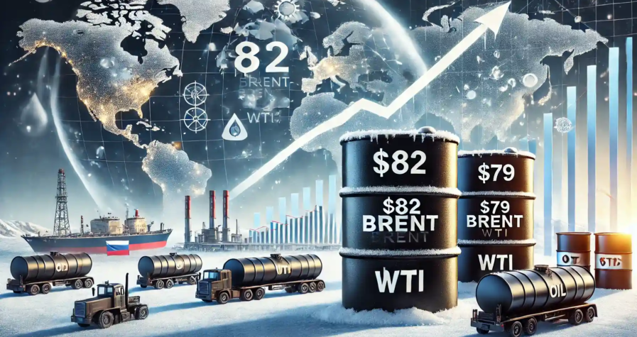 Illustration des gains du pétrole Brent et WTI, avec des barils marqués $82 et $79, des graphiques en hausse et des icônes de tensions géopolitiques.