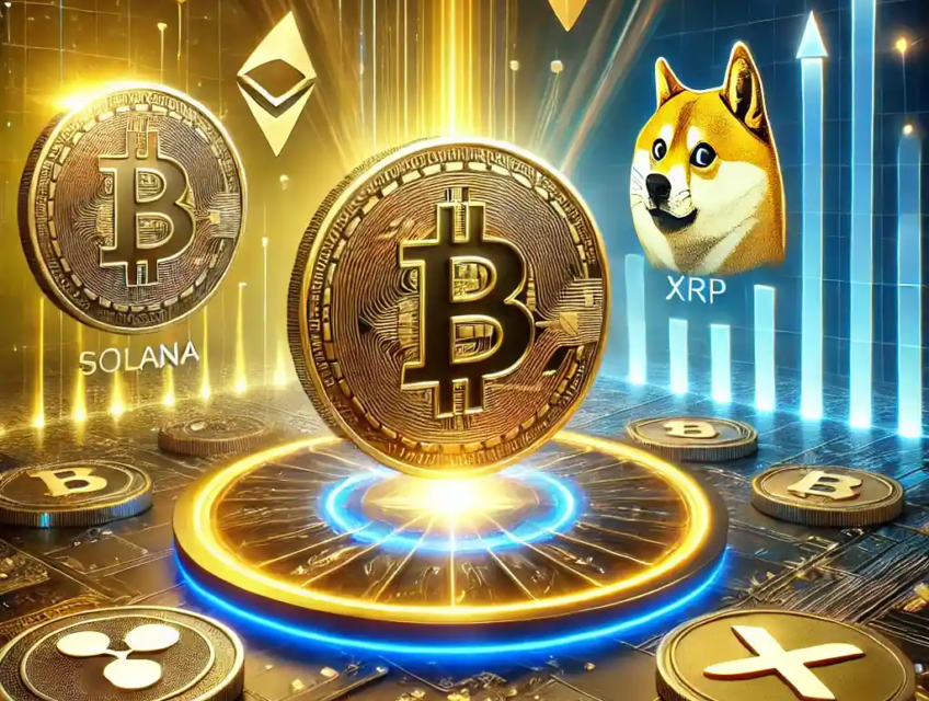 Illustration numérique dynamique mettant en avant la reprise des principales crypto-monnaies, incluant Bitcoin, Solana, XRP et Dogecoin, avec des graphiques symbolisant la croissance et une ambiance technologique.