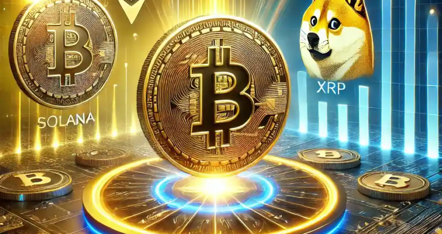 Illustration numérique dynamique mettant en avant la reprise des principales crypto-monnaies, incluant Bitcoin, Solana, XRP et Dogecoin, avec des graphiques symbolisant la croissance et une ambiance technologique.