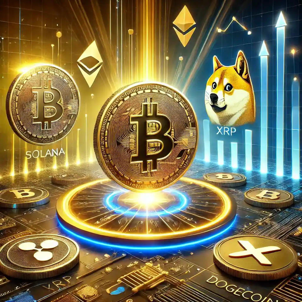 Illustration numérique dynamique mettant en avant la reprise des principales crypto-monnaies, incluant Bitcoin, Solana, XRP et Dogecoin, avec des graphiques symbolisant la croissance et une ambiance technologique.