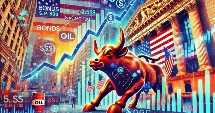 Illustration d’un rallye boursier sur Wall Street avec des graphiques en hausse, le taureau emblématique et des symboles financiers reflétant l’optimisme.