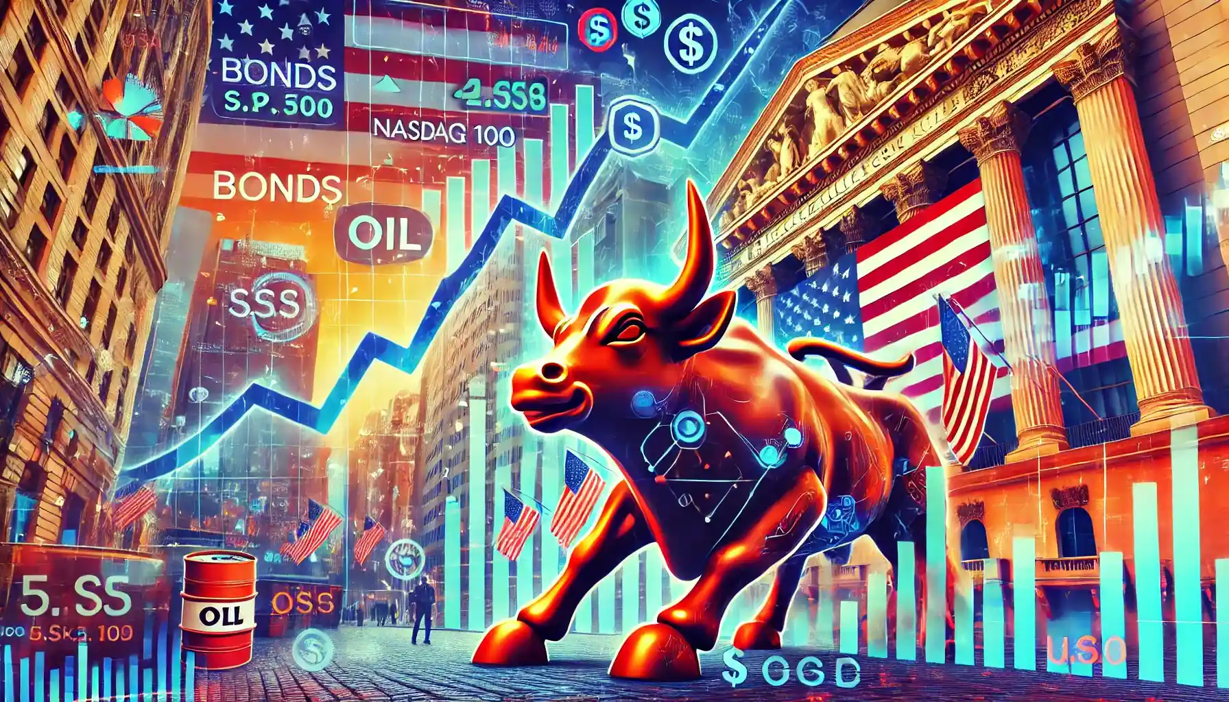 Illustration d’un rallye boursier sur Wall Street avec des graphiques en hausse, le taureau emblématique et des symboles financiers reflétant l’optimisme.