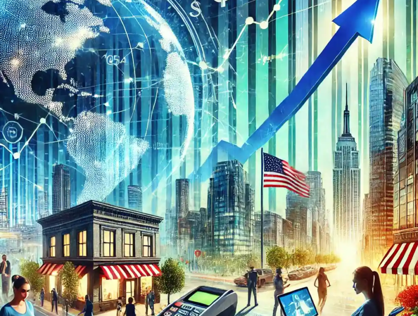 Illustration montrant la croissance économique des États-Unis en 2024, avec un graphique financier en hausse, des consommateurs actifs et un marché du travail dynamique.